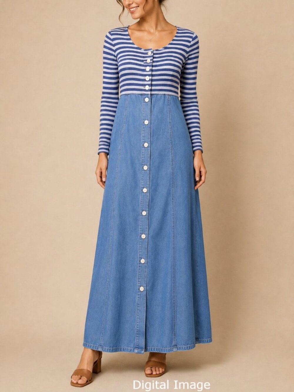 VTG Newport News Maxi Dress Sz 6 Stripe and Denim Button Front Fit and Flare